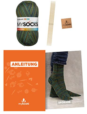myboshi Strickset Socken Spokane für Anfänger, inkl. mysocks, 4-fädige Sockenwolle, Nadelspiel, Anleitung, Label, 75% Schurwolle, 25% Polyamid Grün (Skogen) mit Nadelspiel