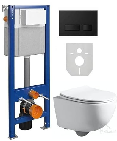 ECOLAM® Set WC Wand Vorwandelement Toilette Brava weiß Clean on spüllrandlos hängend Tiefspül + WC-Sitz Soft Close + Betätigungsplatte