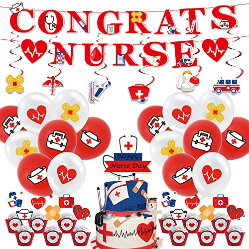 ZOOMPIL Nurse Grad Themed Partei, Nurse Cupcake Toppers, einschließlich Banner, Kuchendekoration, Luftballons, Geeignet für Aktivitäten für Krankenschwesterfestival -Aktivitäten, 44 Stück