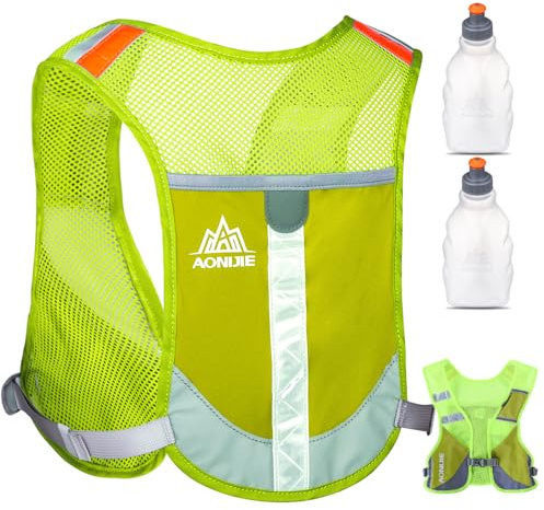 HINATAA Laufrucksack, leicht, Trinkrucksack, 5 l, 230 g, Laufen, Trinkweste für Damen und Herren, zum Radfahren, Laufen, Camping, Wandern (Grün mit 2 Wasserflaschen)