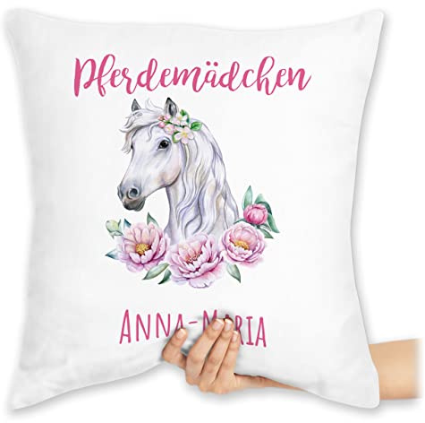 Kissen 40x40 Zierkissen - Pferd Pferde - Pferdemädchen mit Name personalisiert I Geschenk Reiten Mädchen - 40 x 40 cm - Weiß - pferdekissen Reiter und kopfkissen pferdeliebhaber pferdemotiv