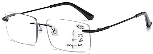 KOOSUFA Randlose Gleitsichtbrille Progressive Multifokus Lesebrille Blaulichtfilter Herren Damen Computerbrille Arbeitsplatzbrille Retro Metallrahmen Lesebrillen Sehhilfe Schwarz 2.5