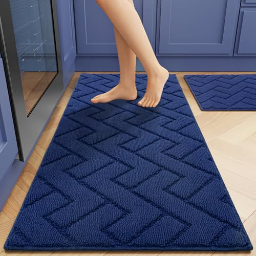 hicorfe Kitchen Runner Rugs and Mats Sets,2 Pieces Absorbent Non-Slip Kitchen Rug,Comfort Kitchen Mat for Floor,Washable for Kitchen,Hallway,Office,Sink,Laundry(20x48+20x32,Navy Blue)