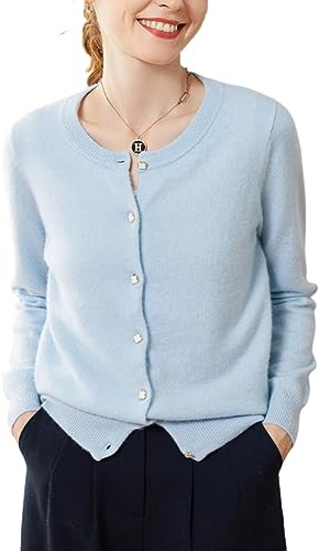 Valin Gilet Cachemire 95% Femme Col Rond Bleu Ciel Solide Couleur Tricoté Mince Manches Longues Fin Cardigan en Cachemire et Laine,40,SPR2248