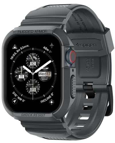 Spigen Funda y Correa Rugged Armor Pro de TPU Compatible con Apple Watch Series 9 8 7 45mm y Series SE2 6 5 SE 4 44mm - Gris Oscuro