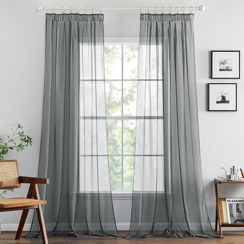 MIULEE Voile Gardine transparent Kräuselband 2er Set B140 H225 Dunkelgrau | Transparente Einfarbige Voile Gardine mit Kräuselband, luftiger Stoff, moderne Deko für Wohnzimmer und Schlafzimmer