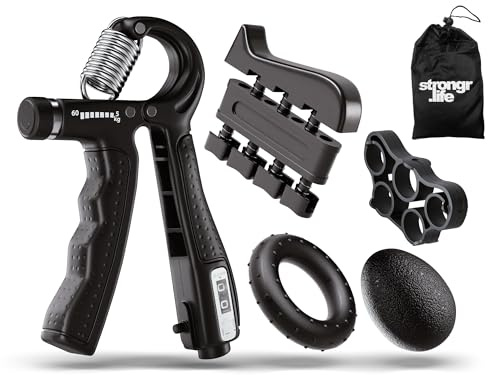Strongr.Life Handtrainer - 5er Pack Set mit Fingertrainer, Rubber Trainer, Ringtrainer, Softball, Aufbewahrungstasche - Grip Trainer - Widerstand 5-60 kg
