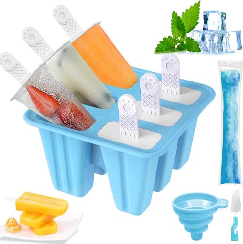 Moldes Helados Silicona, Moldes para Helados con Embudo de Silicona y Cepillo de Limpieza, Reutilizables Ice Cream Mold Helado para Niños y Adultos (Azul, 6 Cavidades)