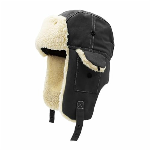 GIBZ Unisex Fliegermütze aus Canvas für Winter, Plüsch Russische Mütze mit Ohrenklappen, Warme Trappermütze für Damen Herren, Schwarz