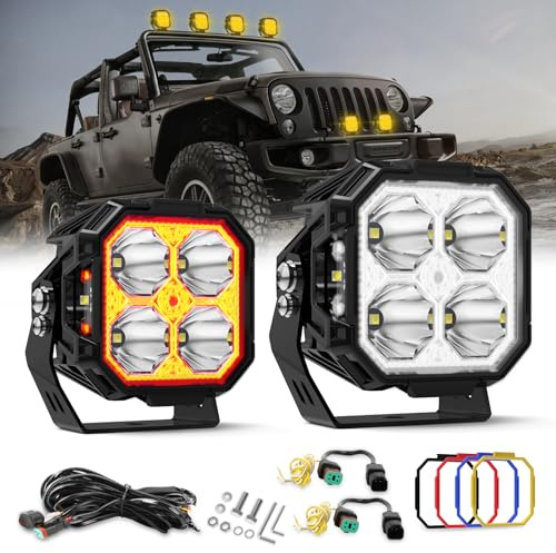 BraveWAY 3 Pouces Phare De Travail LED Carré avec Éclairage Latéral, 2PCS 70W 15000LM Longue Portée LED, 270 °Pods Flood Beam Projecteur Beam，Blanc Ambre pour Trucks Pickup Voiture Tracteur Moto