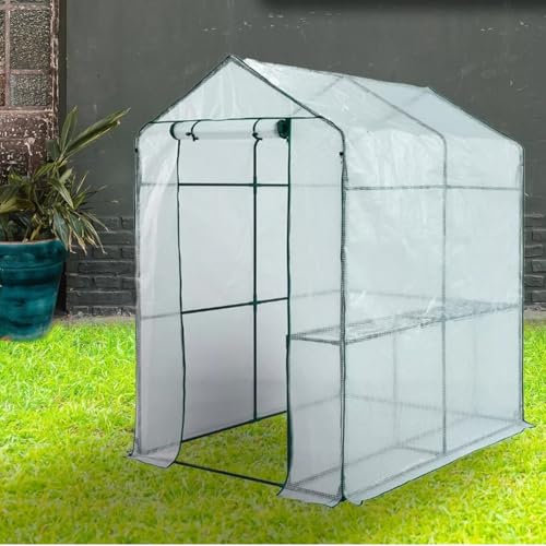 Top Home Solutions® Walk In Greenhouse with one side 2 shelves - Cold Frame Polytunnel Steeple Grow House with White PE Cover, Roll-Up Door - For Plants, Garden & Outdoor 186cm x 120cm x 190cm