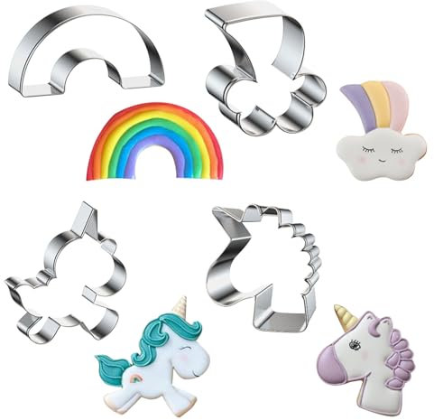 LunarCharm 4 Stück Einhorn Stern Plätzchen Ausstecher Set, Ausstechformen, Edelstahl Plätzchenausstecher, Regenbogen Keksausstecher, Einhorn Cookie Cutter Geschenke für Kinder