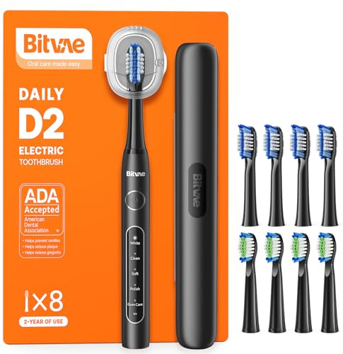 Bitvae ADA Accepted Electric Toothbrush, Travel Toothbrush Rechargeable for Adults and Kids, 60-Day Battery, 5 Modes, 8 Heads, Portable Travel Case & Holder, Shadow Black