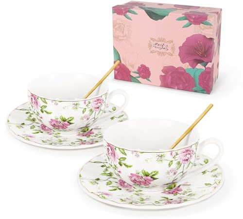 fanquare Floral Coffee Cup and Saucer Set of 2, Pink Coffee Cup Ceramic 200ml, British Porcelain Teacups and Saucers with Spoons Gift for Mom Friend Tea Party