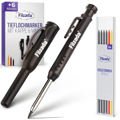 Filzada® 1x Tieflochmarker + 6 Extraminen 3 Farben - Zimmermannsbleistift | Bohrlochmarker, Bleistift Baustelle, Markierstift - integrierter Spitzer & Gürtelclip - für Holz, Metall, Fliesen