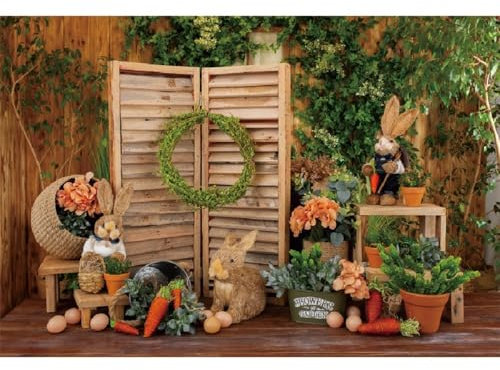 Xiaoterna 2,2x1,5m Toile de Fond Printemps Pâques Rustique Planche en Bois Mur Herbe Verte Lapin Fond Photographique Fleurs Floral Oeufs Carottes Lapins Mur en Bois Intérieur Toile de Fond