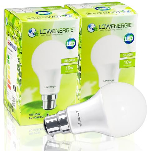 Lowenergie LED Light Bulbs 10W Bayonet B22 Day White 6000K A60 GLS Lamps – Pack of 2 Energy-Saving Everyday Lighting [Energy Class F]