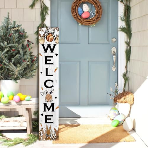 Oster-Willkommensschild für Haustür, 119,9 cm hoch, Happy Easter Hase, Holz-Veranda-Schild für Terrasse, Kanincheneier, stehend, vertikale Türschilder, Frühling, rustikale Hofschilder, saisonale