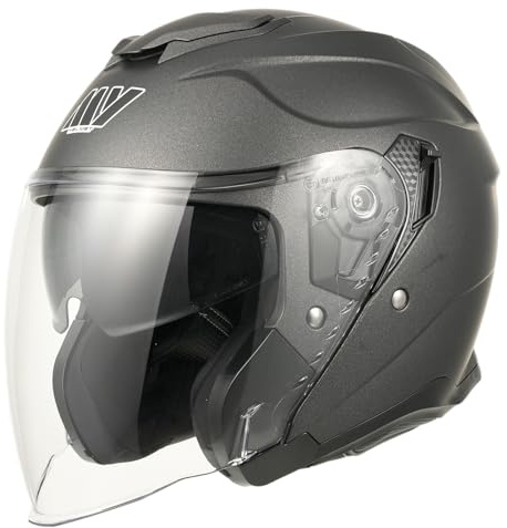 MY Casco Moto Jet 835, Homologado ECE 22.06 con Viseras Dobles para Hombre y Mujer (Titanio Mate, XL)