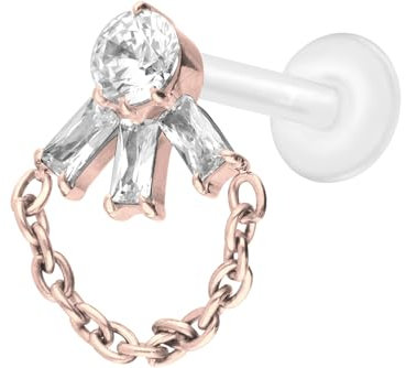 PIERCINGLINE PTFE Labret Ohrpiercing mit 0,9 mm Gewinde + Titan-Aufsatz LOTUSBLÜTE + KETTE Roségoldfarben 1,2 x 7 mm