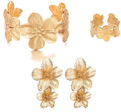 XFSRG Schmuckset für Damen Zarte Blume Metall Blatt Halskette Breiter Armspange Gold Blumen Ringe Ohrstecker Schmuck Set Schmuckset für Mädchen Hypoallergene Modeschmuck Geschenke（Gold）