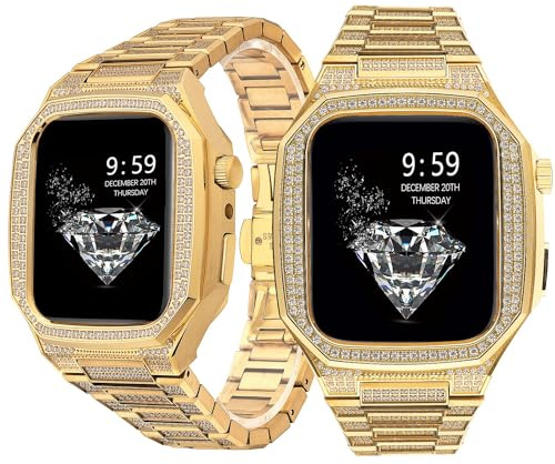 ORKDFJ Luxury Stainless Steel Protective Watch Case Strap Band Bracelet Combo，For Apple Watch Series 9 8 7 6 5 4 SE 44mm 45mm Band Upgrade Replace Strap Accessories(Gold,45mm)