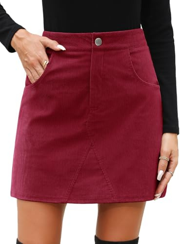 CMTOP Falda Mujer Corta Cintura Alta Minifalda de Pana para Otoño Invierno Elegante A-Line Mini Falda Ajustada Envolvente con Bolsillos (Vino Tinto, L)