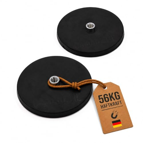 Campnetic Magnete 88mm mit M8-Gewindebuchse - 2er Set | Gummiert, Starke Camping Magnete bis 56kg, Neodym, Outdoor & Camping geeignet, Magnetische Halterung