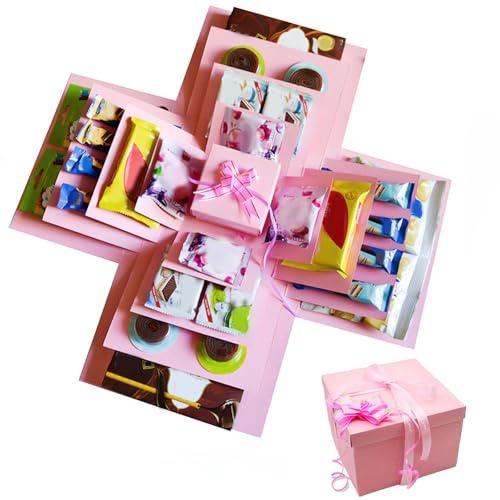 Explosionsbox, 5-lagige Überraschungsbox, DIY Handgemachte Überraschungsbox Geburtstag, für Frauen, Männer, Kinder, Weihnachten, Geburtstag, Jubiläum,Valentinstagsgeschenke,Hochzeitsgeschenk (Rosa)