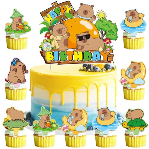 MEZHEN Tortendeko Capybara Kuchen Deko Geburtstag Cake Topper Tiere Torte Deko Kindergeburtstag Kuchendeko Muffin Happy Birthday Geburtstagsdeko Tortendekoration 49 Stück