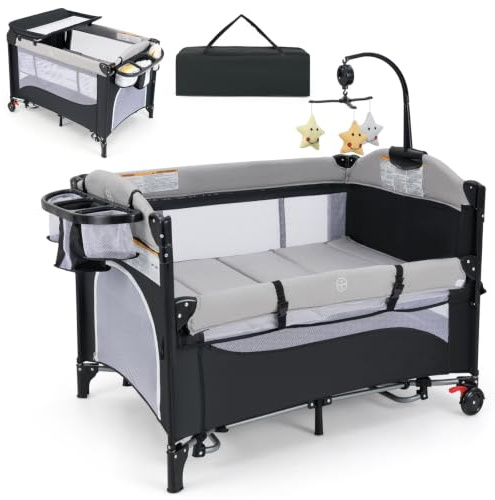 Baby Travel Cot, 5 in 1 Foldable Baby Bedside Sleeper with Bassinet Diaper Changer Mattress Carry Bag Music Box Hanging Toys, Portable Crib Playard Pack and Play for Infant Newborn