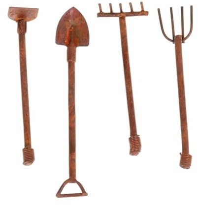 4 Pcs Miniature Dollhouse Garden Tools 1:12 Mini Rusty Shovel Hoe and Pitchfork Fairy Garden Accessories Furniture Ornaments Micro Landscape Decor Garden Sculptures Statues, Decorations