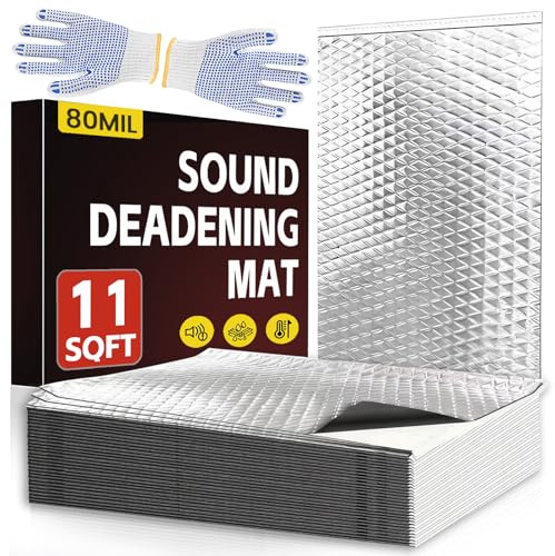 DNSGOOR 10 Pcs 80mil (2mm) 11 sqft(1 sqm) Car Sound Deadening Mat,Butyl Automotive Sound Deadener,Noise Insulation and Vibration Dampening Material with Silicone Bumps Gloves