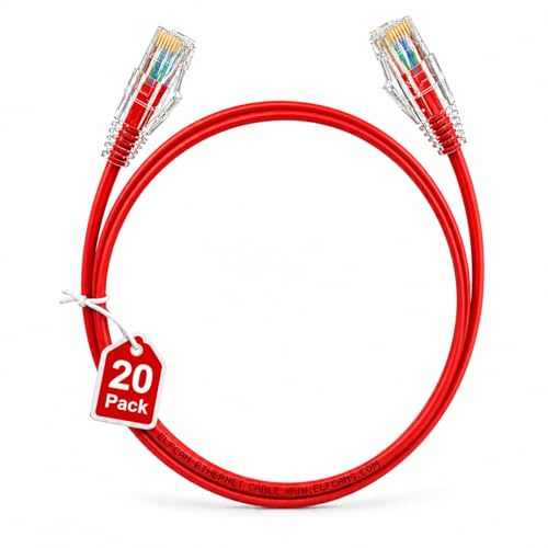 Elfcam - Set di 20 cavi Ethernet Cat 6A rossi, ultra sottili 10Gbps 28AWG UTP OD3,6mm 500MHz, cavi in rame puro Cat6a sottili 10Gb per centri dati, 1M
