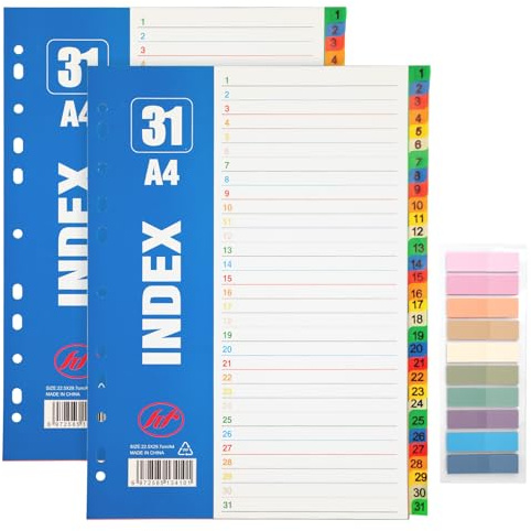 Koxtyzo 2er 31 Teilig Trennblätter für Ordner A4, Register für Ordner A4 1-31, avec Haftstreifen, Registertrenner für Organisation, 225x297mm