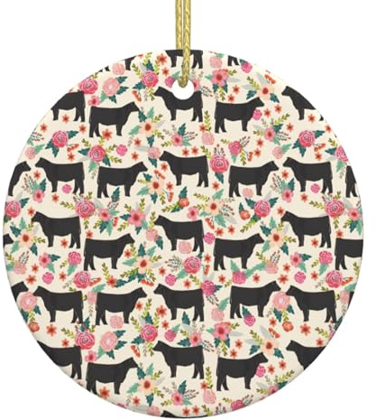 Adorno colgante de cerámica para árbol de Navidad, diseño de vacas de buey de flores, adorno festivo para camino, jardín, patio