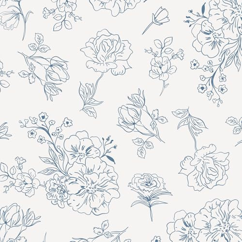 Yomshi Peel and Stick Wallpaper White and Blue Wall Paper Roll Vintage Floral Vinyl Wrap 44 x 300 cm DIY Sticky Wallpaper for Furniture Bathroom Living Room Self Adhesive Removable Easy to Install