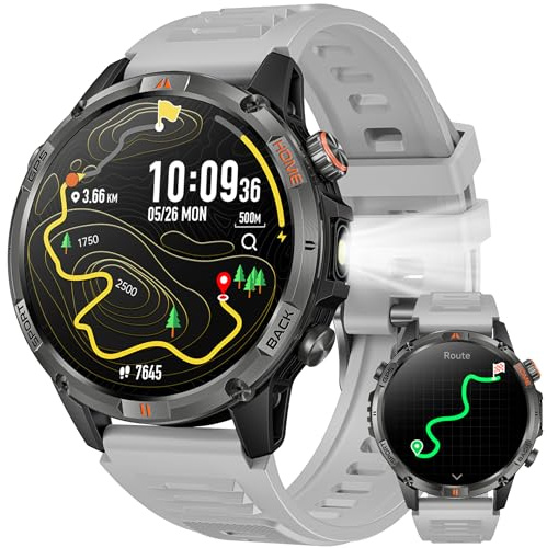 GPS Smartwatch Uomo Orologio con Chiamate: 1,46 Grande Schermo Tondo Militare Smart Watch Fitness Sport Bussola Torcia Cardiofrequenzimetro Pressione Sonno Impermeabile Salute Orologi per Android iOS