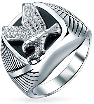 Bling Jewelry Mens Large Statement Black Patriotic USA Flying American Bald Eagle Square Signet Ring For Men Silver Tone Stainless Steel