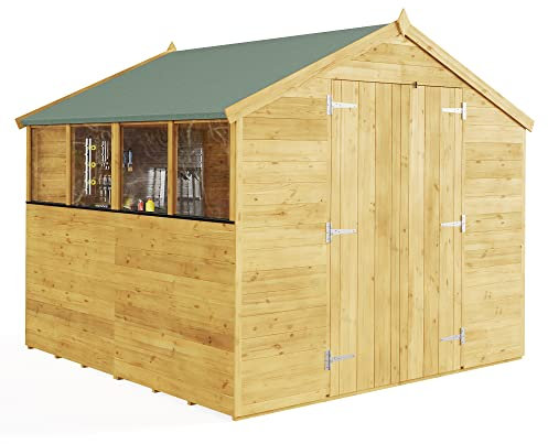 BillyOh 8x8 Tongue and Groove Wooden Garden Shed Double Door Windowed Apex Premium Roof Floor Felt - 8ftx8ft