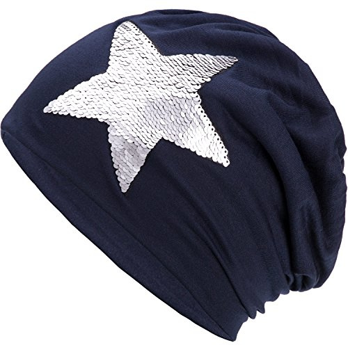 Compagno Slouch Beanie mit Pailletten aus atmungsaktivem, feinem und leichten Jersey Unisex Damen Mütze Haube Boho Bini Mädchen Einheitsgröße, Farbe:Marineblau
