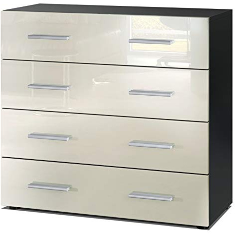 Vladon Buffet Pavos, Commode avec 4 tiroirs, Noir Mat/crème Haute Brillance (76 x 72 x 35 cm)