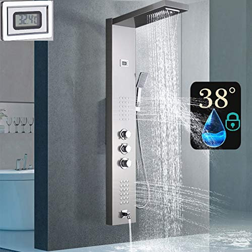 Duschpaneel mit Thermostat aus rostfreiem Edelstahl mit Temperaturanzeige und 36 kleinen Massagedüsen (Nickel gebürstet)