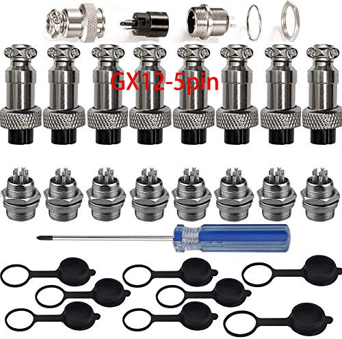 RUNCCI-YUN 8Pcs GX12-5 Pin Aviazione Connettore Spina, 5A 12MM Maschio Femmina Plug GX12 Connettore Pannello Metallo Presa Spina, con Gomma Protettore Berretto e Phillips Cacciavite