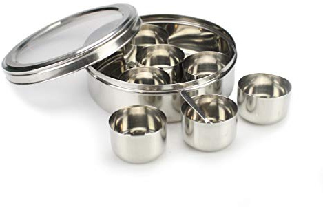 Authentic Indian Spice Tin Stainless Steel Masala Dabba With Transparent See Through Lid Curry Cooking Spice Tiffin Tin Box Kitchen Masala Container 7 Compartments Storage Box Set (24cm)