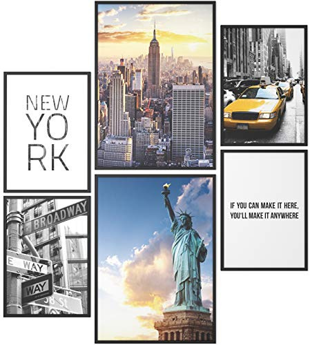 Papierschmiede® Mood Poster Set New York, Fertiges Bilder Set mit Rahmen (Holz, schwarz), Wohnzimmer Deko Schlafzimmer, 2x DIN A3 und 4x DIN A4, Freiheitsstatue USA America