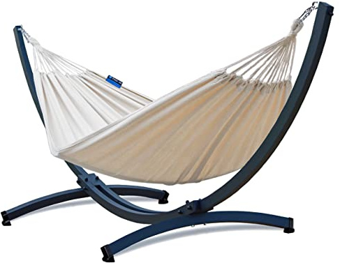 Potenza Outdoor Hängematte mit Verzinkter Tytan Gestell für 2 Personen I Baumwolle Doppelhängematte XXL 220x160, 200kg I Hängemattengestell 350 kg, wetterfest (Ecru, Basic Gestell Graphit)