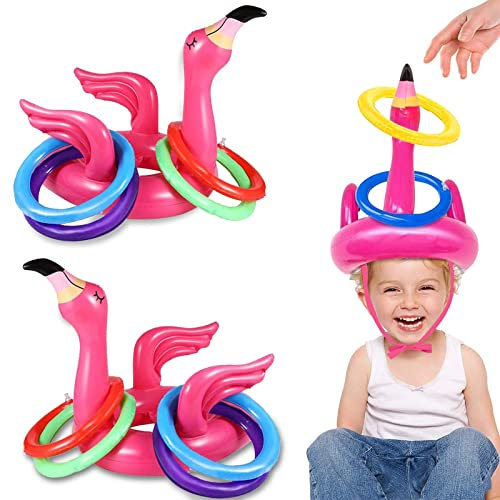 EKKONG 2 Flamingo Aufblasbar Wurfspiel, Ringwurfspiel Kinder, Wurfspiel Partyhüte, Pool Spielzeug Kinder mit 8Stk Werfen Ringe Spielzeug, Outdoor Spiele für Hawaii Sommer Party Hochzeit Geburtstag