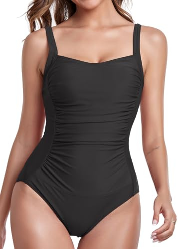 Joweechy One Piece Swimming Costume Women Ruched Tummy Control Swimwear Scoop Neck Padded Swimsuit Bathing Suits Black,S