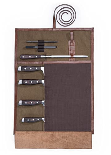 Angus Stoke Premium Messertasche für Kochmesser - Leder & Canvas Kochmesserrolle groß – Messer Tasche Köche - Kochtasche Chris (Beige/Natur)